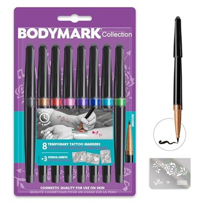 BodyMark by BIC COLLECTION, Kit di 8 Pennarelli per tatuaggi temporanei e 3 fogli di stencil, Colori Assortiti, 1 pezzo