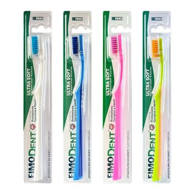 Fimodent 4 Brosses à dents Soft avec système de protection des gencives et des dents - équipée de poils 6580 UltraX de dureté douce pour les gencives et l'émail (couleurs assorties)