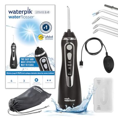 Waterpik Advanced - Hydropulseur Dentaire Sans Fil, Jet Dentaire Portable Rechargeable avec Câble USB, Élimine la Plaque, 3 Niveaux de Pression, Noir (WP-582EU)