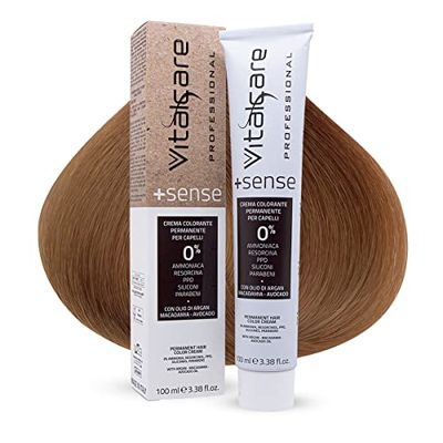 Vitalcare | +Sense - Colorazione Permanente Professionale, Crema Colorante Capelli, Senza Ammoniaca, Resorcina, Siliconi - Con Olio Di Argan, Macadamia e Avocado, 8/3 Biondo Chiaro Dorato, 100ml