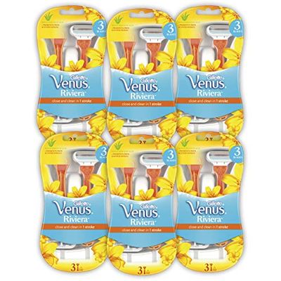Gillette Venus Riviera, Maszynka do Golenia dla Kobiet, 18 Sztuk (3 x 6), Jednorazowe Maszynki dla Kobiet z 3 Ostrzami i Pasekiem Nawilżającym MoistureRich