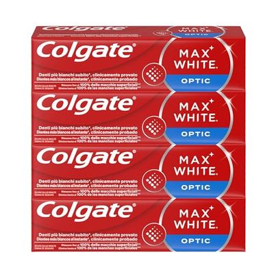 Colgate Max White Optic Dentífrico 4X75ml - Pasta de dientes blanqueadora - Fórmula clínicamente probada - Elimina hasta el 100% de las manchas superficiales - Blanqueo de dientes instantáneamente