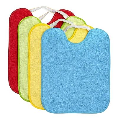 Ti TIN Pack de 4 Baberos con Cierre de Goma Elástica – 90% Rizo de Algodón, Impermeable, Lavable a Máquina, Extra Suaves, Ideal para Guardería, Colores Vivos, 33x27 cm
