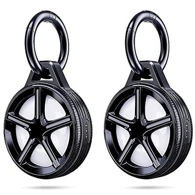 [2 Pack] Ztotops Case for AirTag with keyring, Wheel Style Holder, Comprehensive Protection, Strong and Safe, Not Fall Off, Airtag Case *2, with 2 keychains, Black