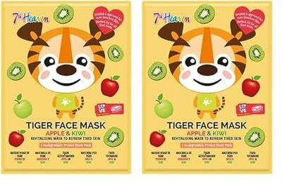 7th Heaven Tiger Sheet Face Mask Apple and Kiwi Revitalising Mask To Refresh Tired Skin (Pack of 2)