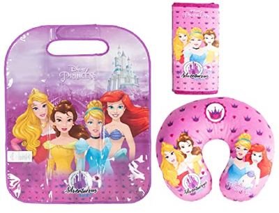 Set da viaggio bambina Principesse con cuscino collo, passacintura auto, proteggisedile, rosa con Aurora, Belle, Cenerentola e Ariel