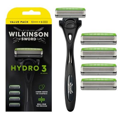 WILKINSON SWORD - Hydro 3 Razor For Men Carbon Coated Blades Hydrating Gel & Skin Guards Razor Handle plus 5 Blades