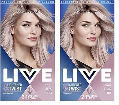 Schwarzkopf LIVE Lightener + Twist Permanent Purple Hair Dye, 2 in 1 Formula, Lightens and Colours Up To 3 Levels, Cool Lilac 104 (Pack of 2)