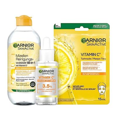Garnier Kit de soin du visage avec eau micellaire, sérum à la vitamine C et 5 masques pour un teint éclatant, Skin Active