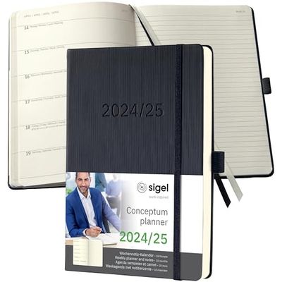 SIGEL C2503 Conceptum Weekly planner and notes 2024/2025, approx. A5, black, hardcover, 2 pages = week on left/notes on right, 256 pages