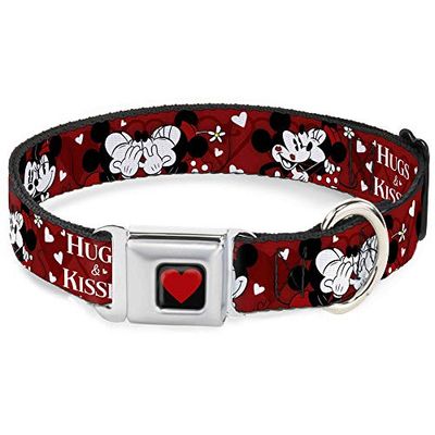 Buckle-Down Coleira de cão com fivela para cinto de segurança, Mickey & Minnie Hugs & Kisses Poses vermelho/branco, 1 polegada de largura, adapta-se ao pescoço de 15 a 26 polegadas, grande