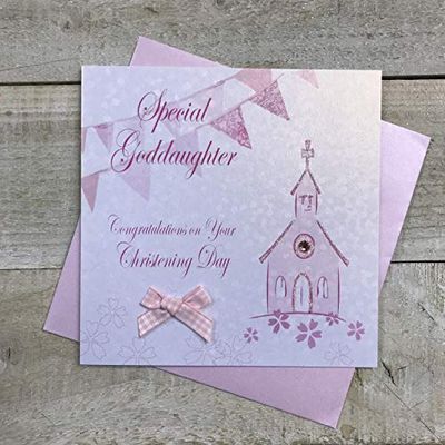 WHITE COTTON CARDS "Special Goddaughter congratulazioni per Il Battesimo Biglietto Fatto a Mano, Bianco