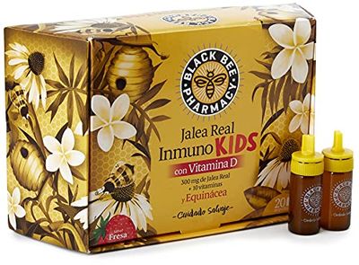 Black Bee Jalea Real Inmuno Kids, Complemento Alimenticio con Equinácea y 10 Vitaminas, Sabor a Fresa - 20 Ampollas