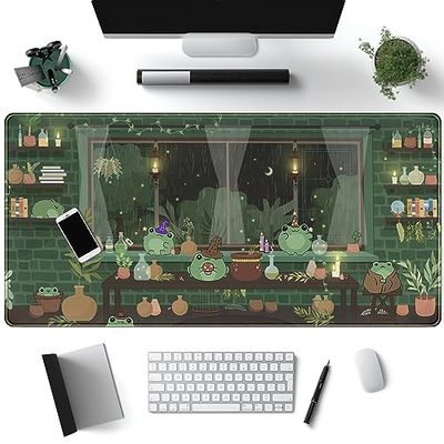 Mechanical Cattle - Tapis de souris grenouille kawaii vert, grand tapis de souris de jeu en Lycra de qualité supérieure, taille 80 x 40 cm, pour décoration de bureau, avec bords cousus