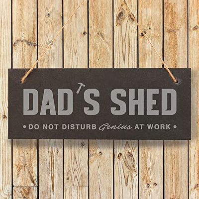 eBuyGB Dad's Shed Sign, Hanging Rectangle Slate Door Sign, 25x10cm Laser Engraved Do Not Disturb Genius At Work Plaque for Dad, Grey