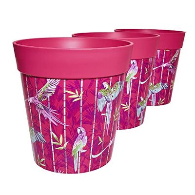 Hum Flowerpots, 22cm, 3 stycken, olika mönster, färger och storlekar, blomkrukor i plast för inomhus- och utomhusbruk Rosa papegojor