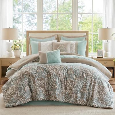 510 DESIGN All Season Down Alternative Bedding with Matching Shams, Decorative Pillow, Microfiber,Polyester, Shawnee Scrollwork Seafoam, King