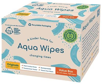 Aqua Wipes Essentials Baby Wipes - Vegan, Biodegradable Wipes with 99.3% Water (Bundle of 4 Packs of 56 Wipes, 224 Wipes) (Printed Carton - 12 Packs, Originals)