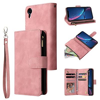 UEEBAI Portemonnee-hoes voor iPhone XR, premium vintage PU-lederen handtas met magnetische sluiting en ritsvak kickstand kaarthouder gleuven polsriem TPU schokbestendige flip cover voor iPhone XR - Roze