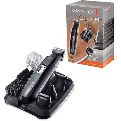 Remington Rasoio Elettrico Multiuso - Rifinitore per il corpo, Regolabarba, Tagliacapelli - Lame autoaffilanti in Titanio, set styling per peli del viso e corpo, 4 testine rimovibili, GroomKit PG6130