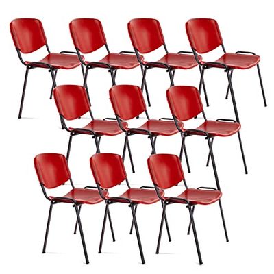 Silla de Oficina Sin Ruedas, Silla Confidente de Plástico con Estructura Metálica, Silla para Sala de Espera, Recepción, Reuniones, Conferencias, etc. - Ofituria (10 Sillas, Rojo)