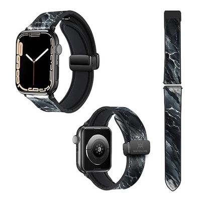 Correa Reloj para Apple IWatch 22 mm (38/40/41/42/44/45 mm) de Silicona y Cuero auténtico: Mármol Negro