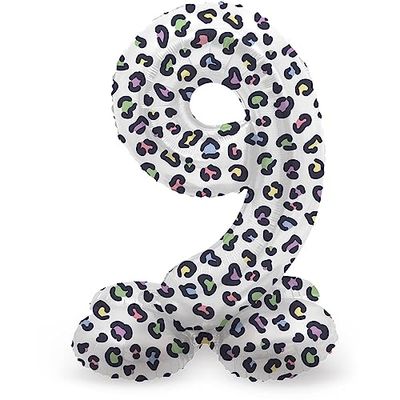 Folat 64749 Birthday Balloon Standing Number 9 Bright Panther White 41 cm Decoration Birthday Decoration Balloon Number No Helium Required Colourful