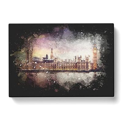 Big Ben & Houses Of Parliament Paint Splash Modern Art Canvas Wall Art Print Ready to Hang, Framed Picture for Living Room Bedroom Home Office Décor, 76x50 cm (30x20 Inch)