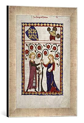 Ingelijste afbeelding van Zürich boek schilderij Codex Manesse, meneer Berenge v. Horheim, kunstdruk in hoogwaardige handgemaakte fotolijst, 30 x 40 cm, zilver Raya