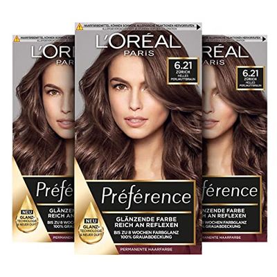 L'Oréal Paris Permanent Hair Colour, Hair Dye Set with Coloration and Gloss Care Balm, Préférence, 6.21 Light Pearlescent Brown (Zurich), Set of 3