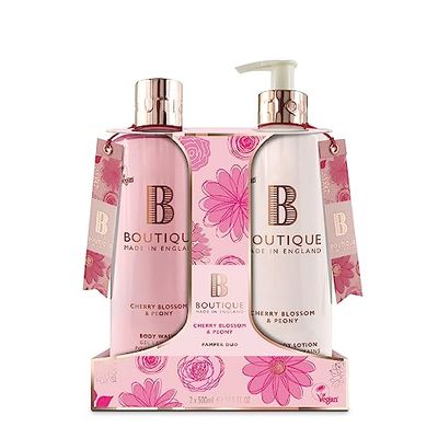 Boutique Cherry Blossom & Peony Body Duo Set - 1 x Body Wash & 1 x Hand & Body lotion 500ml - Essential Oils - Vegan - Made In England