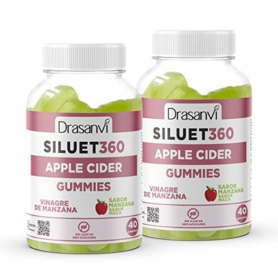 DRASANVI |Pack SILUET Apple Cider | Vinagre de manzana Gummies | Gominolas Favorecen la digestión | Efecto prebiótico | Perder grasa | Control de peso | Sabor manzana| 2 Botes 80 Gominolas=40 días