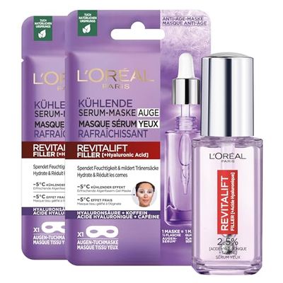 L'Oréal Paris - Rituel Soins Yeux Anti-Rides - À l'Acide Hyaluronique & Caféine - 1x Sérum à Applicateur Roller Triple-Bille (20 ml) & 2x Masques Tissu - Revitalift Filler