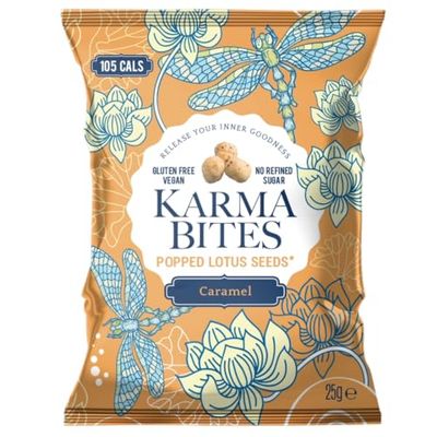Karma Bites Caramel Popped Lotus Seeds, Low Calorie, Vegan & Gluten Free, 25 g (Pack of 12)