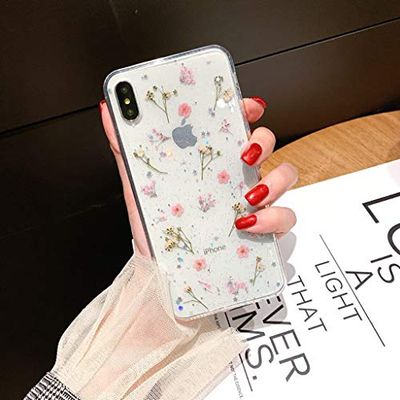 Bakicey Beschermhoes voor iPhone Xs Max, gedroogd, echte bloemen, transparant, gel, siliconen, creatief, bloemblaadjes, eeuwigdurend, bumper krasbestendig, beschermhoes voor iPhone Xr/Xs Max/Xs/X (E,