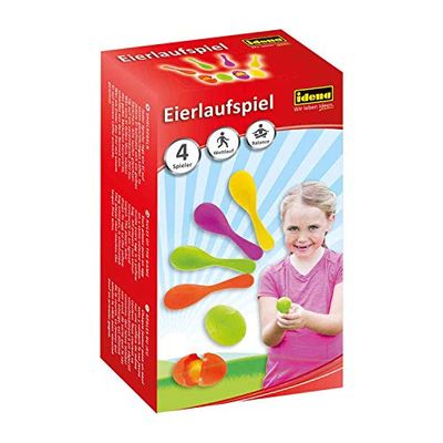 Idena 40074 - Jeu d'adresse course aux œufs, avec 4 œufs et 4 cuillères, parfait pour l'intérieur et l'extérieur, les fêtes et les festivals sportifs.