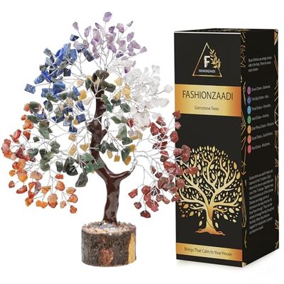 FASHIONZAADI Seven Chakra Gemstone Crystal Tree - Feng Shui Bonsai Money Natural Healing Crystals Chakras Reiki Stones Good Luck Home Decoration Gift Office Décor Size 10-12 Inch (Silver Wire)