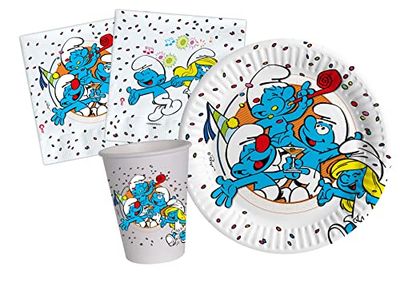 Party Tableware Set The Smurfs for 24 people (88 pcs: 24 plates Ø18cm, 24 cups 200ml, 40 napkins 33x33cm) in eco-friendly compostable paper