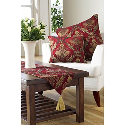 Paoletti Shiraz - Caminho de mesa, cor vermelha e dourada, bordado de damasco, forro antiderrapante, com borlas, 100% poliéster, 33 x 230 cm, fabricado pela Riva