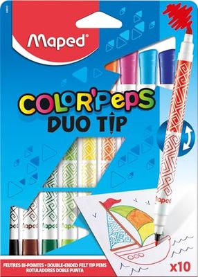 Maped Color'Peps Feutres de Coloriage Double Mines Fine 2mm et Large 3,9mm et Encre Lavable à l'eau - Pochette 10 Feutres Double Pointes