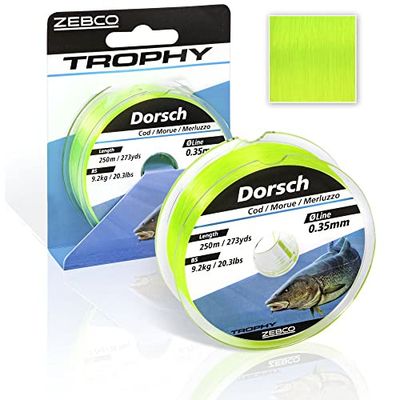 Zebco Trophy Dorsch Sedal de Pesca monofilamento, Accesorio para Bacalao, Amarillo Flúor, 0,30mm / 6,9Kg