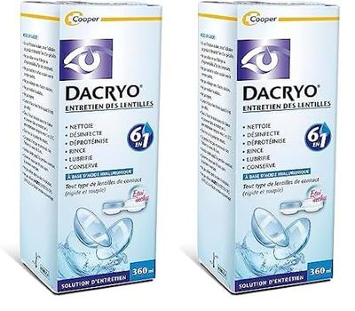 DACRYO - Solution d'entretien des lentilles 6 en 1 - Nettoie, désinfecte, déproténise, rince, lubrifie, conserve - Lentilles de contact - Acide Hyaluronique - Etui inclus - Flacon - 360 ml (Lot de 2)