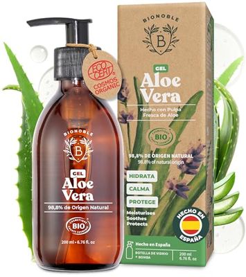 Bionoble Gel de Aloe Vera Orgánico 200ml - Hecho con Pulpa Fresca de Aloe 100% Puro y Lavanda - Sin Xantano - Rostro, Contorno de Ojos, Cuerpo, Cabello - Botella de vidrio + Bomba