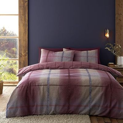 Catherine Lansfield Brushed Cotton Melrose Tweed Check Reversible King Duvet Cover Set with Pillowcases Plum