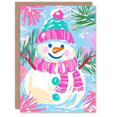 Wee Blue Coo Greeting Card Happy Snowman Bright Pink Green Blue Modern Blank For Him Or Her Art Xmas Christmas Card