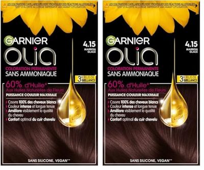 Garnier Coloration Permanente - Sans Ammoniaque - Aux Huiles Naturelles de Fleurs - Marron Glacé (4.15) - Olia (Lot de 2)