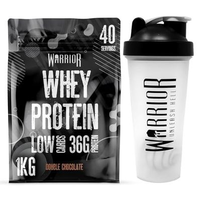 Bundle Warrior Whey 1kg + Shaker 600ml - Up to 36g* of Protein Per Shake – Low Carbs – GMP Certified (Double Chocolate)