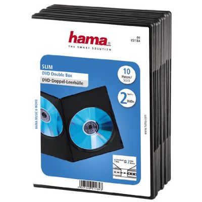 Hama Boîtier "Slim" double (pour DVD, convient également aux CD et disques Blu-ray, ultra mince, avec une feuille pour la couverture, lot de 10) Noir/Transparent