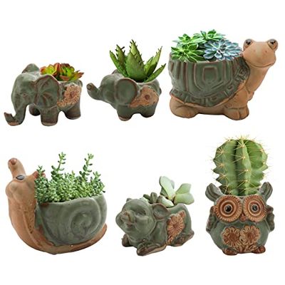 Okllen Juego de 6 minimacetas de cerámica para suculentas, Elefante, Tortuga, búho, Caracol, macetas con Agujero de Drenaje, Ideal para bonsái, Interior y Exterior