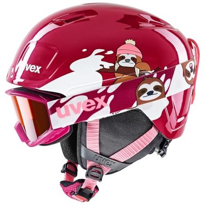 uvex heyya set - skihelm incl. skibril voor kinderen - individueel passysteem - contrastverhogend - berry - white sloth - 46-50 cm